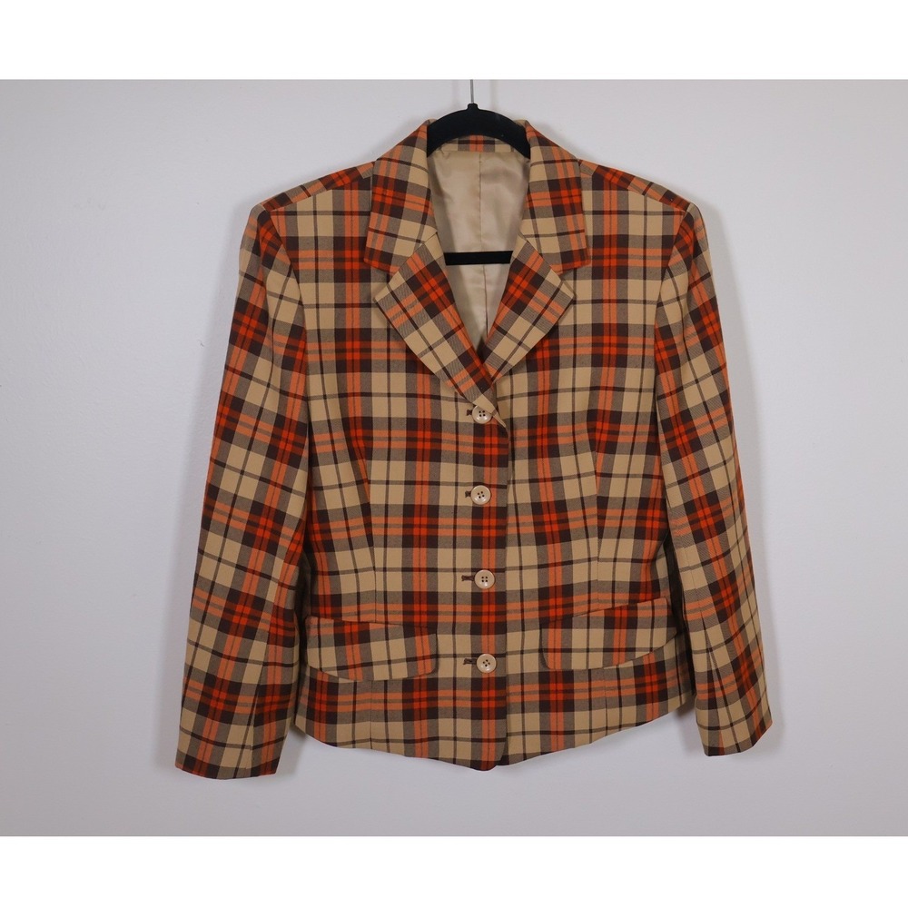 Atsuki‎ Onishi Women's Blazer Large Plaid Orange Brown Tan Wool Vintage Japanese